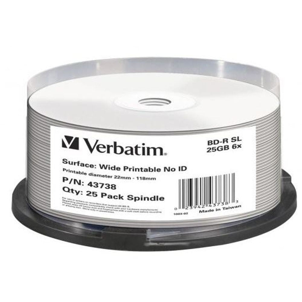43738 - Verbatim BD-R 25GB 6X White Wide Printable 25 Pack on Spindle