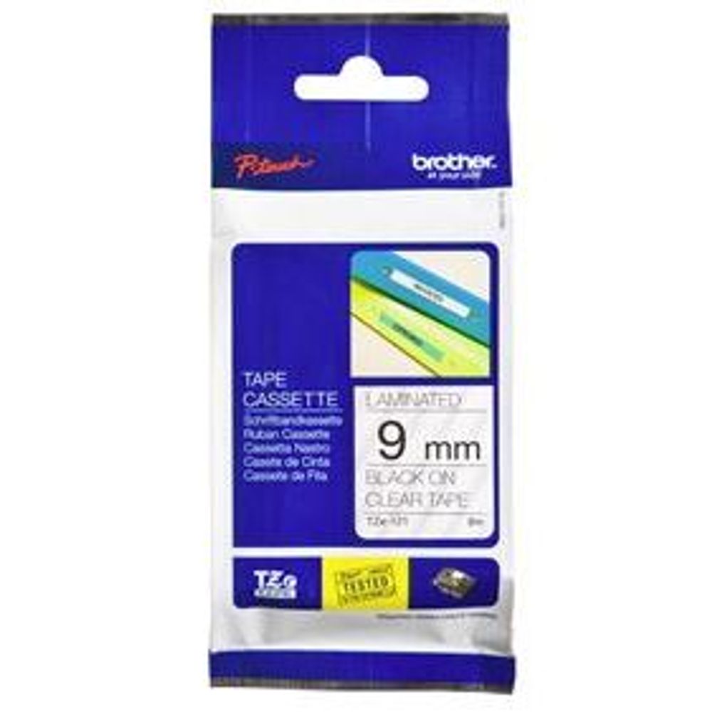 TZE121 - Brother TZe-121 9mm x 8m Black on Clear Tape