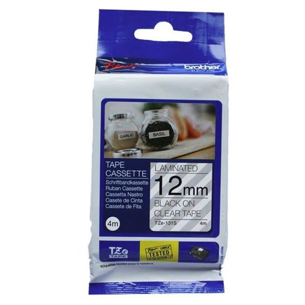 TZE131S - Brother TZe-131S 12mm x 4m Black on Clear Laminated Tape
