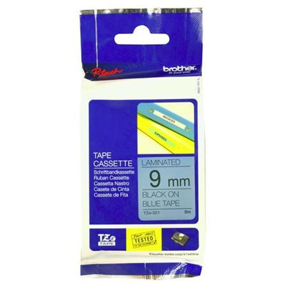 TZE521 - Brother TZe-521 9mm x 8m Black on Blue Tape