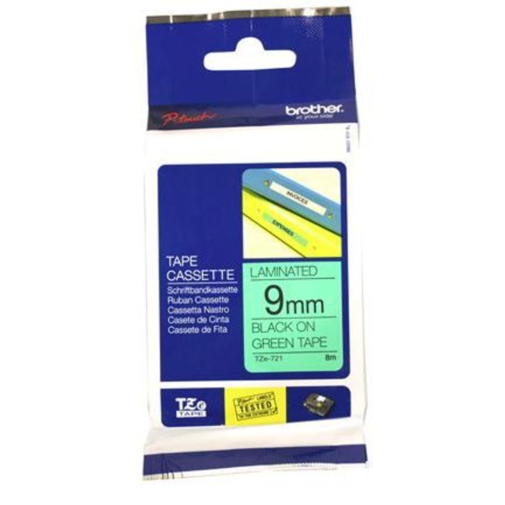 TZE721 - Brother TZe-721 9mm x 8m Black on Green Tape