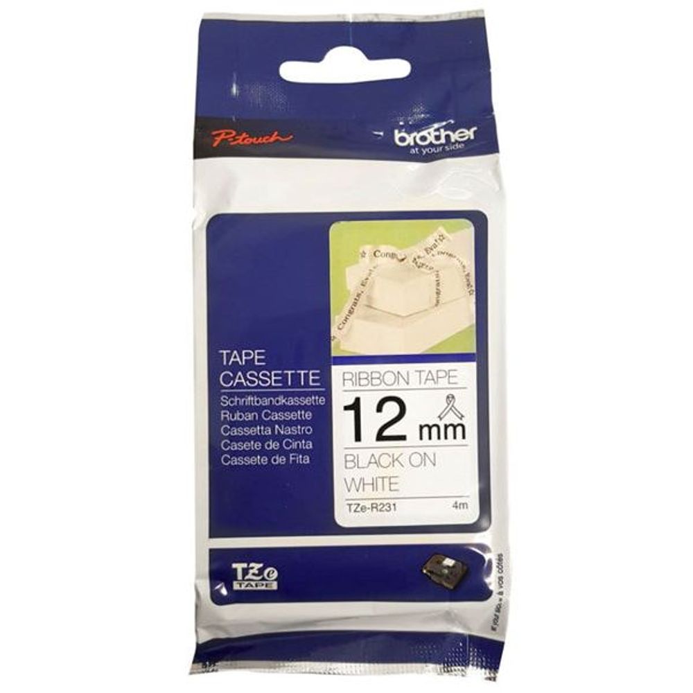 TZER231 - Brother TZe-R231 12mm x 4m Black on White Ribbon Tape