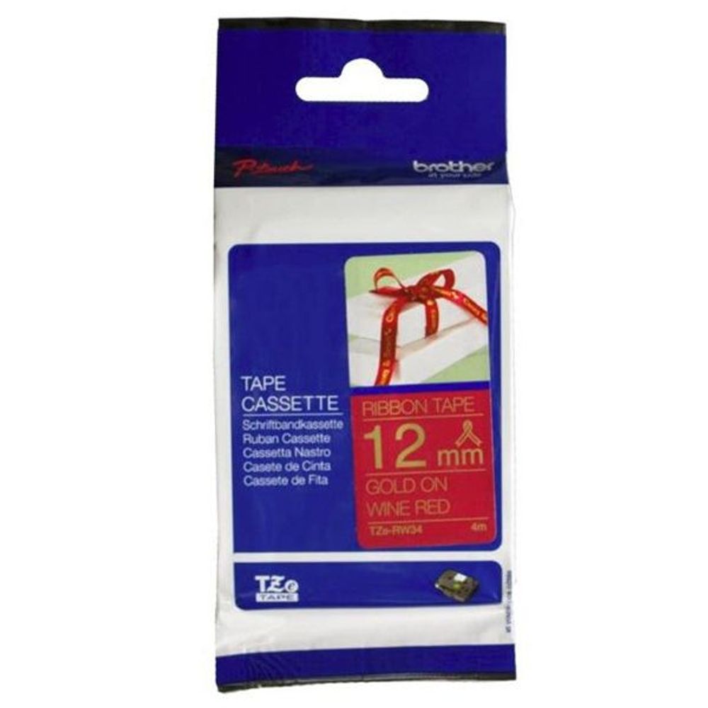 TZERW34 - Brother TZe-RW34 12mm x 4m Gold on Wine Red Ribbon Tape