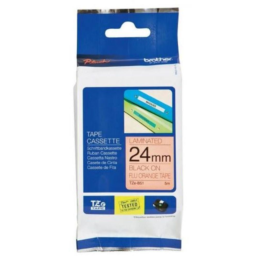 TZEB51 - Brother TZe-B51 24mm x 8m Black on Orange Fluro Tape