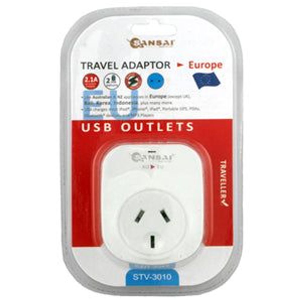 Sansai Outbound USB Travel Adapter - NZ/AU to Europe Plug