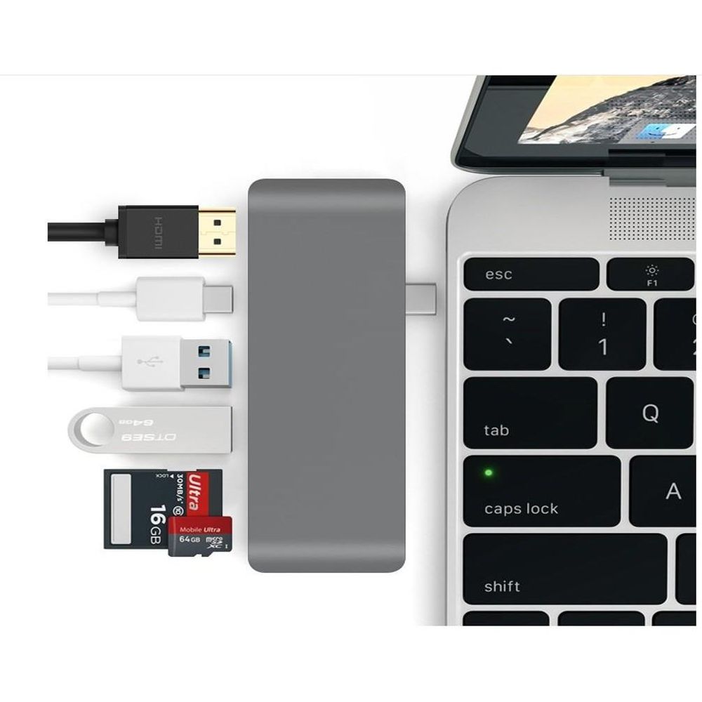 6IN1-TYPEC-HDMI-GR - ROCK 6 in 1 Type C Hub With HDMI Port Space Grey